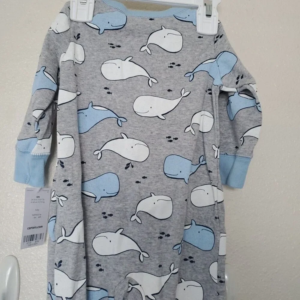 Carters Baby Boy Cute Whale 100% Cotton Long Sleeve Snap-Up Sleep & Play 6M Gray